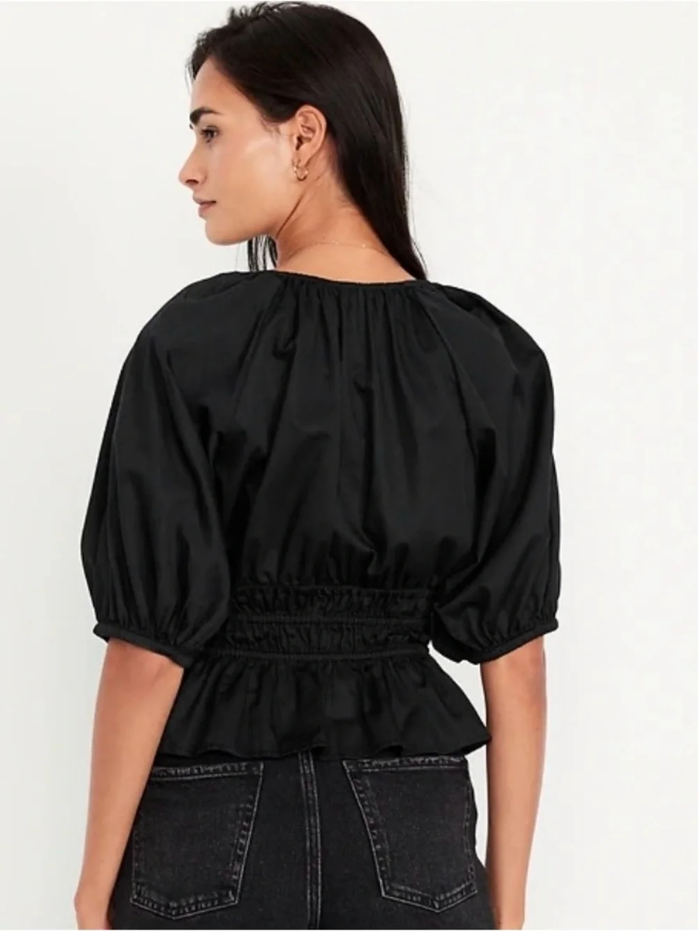 Old Navy Black Smocked Peplum V-Neck Blouse